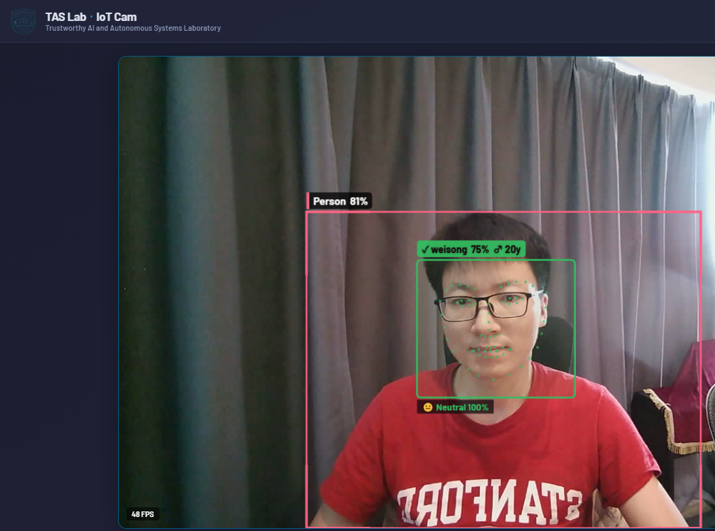 IoT Cam — Real-time AI detection demo showing face recognition, object detection, and expression analysis